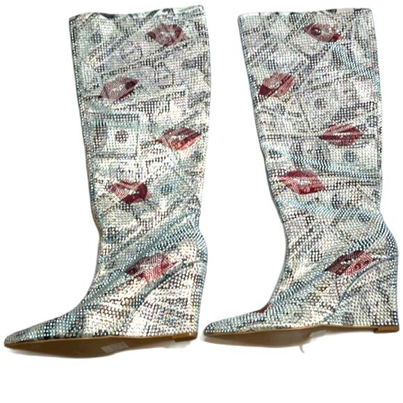 Rhinestone Wedge Boots Sz 11 Lips Print Knee High Pointed Toe Sparkle Glam - Picture 1 of 13